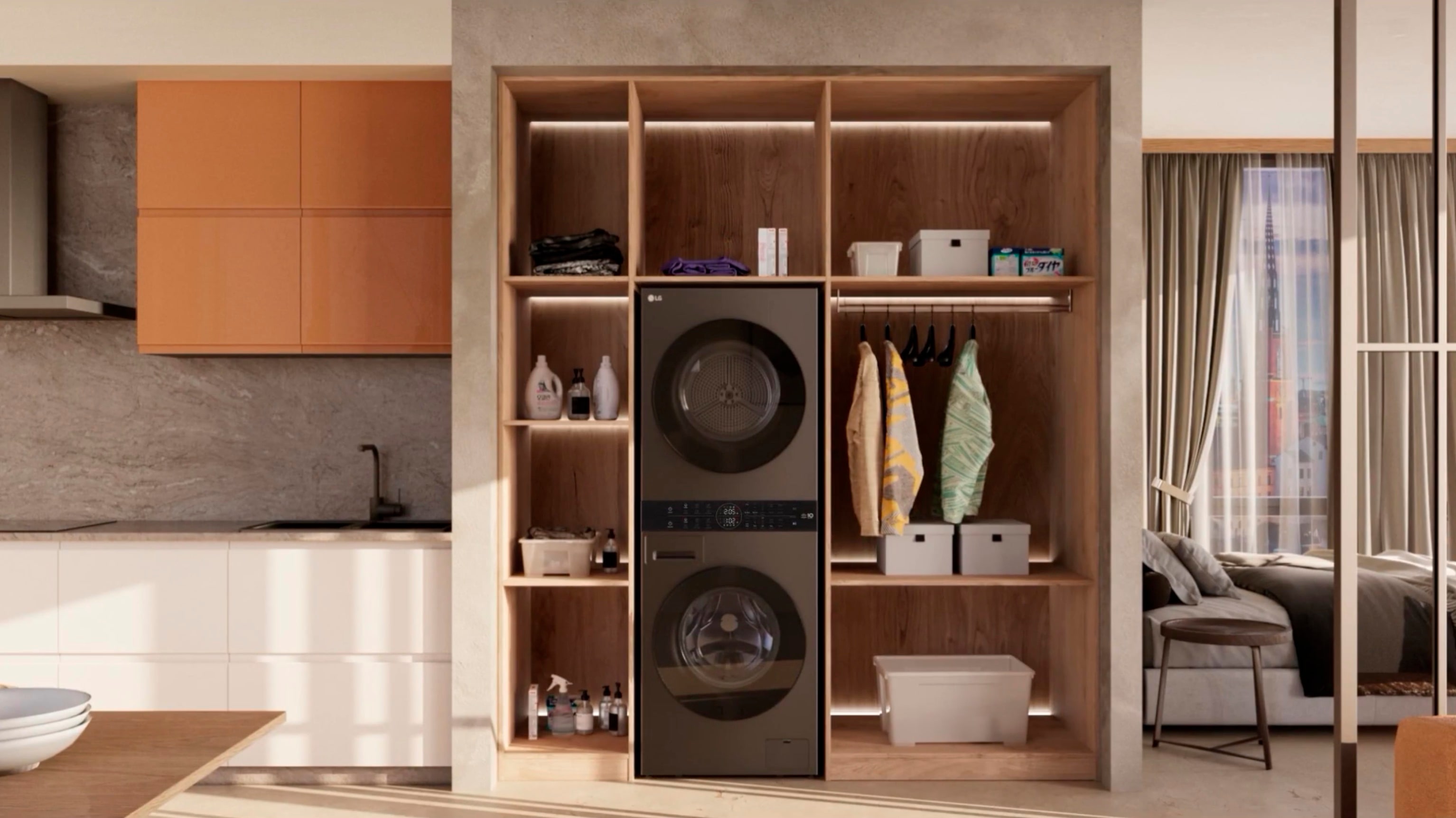 Modern laundry area featuring an LG washer-dryer combo with open wooden shelves, adjacent to a minimalist kitchen.